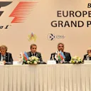 (L to R) Circuit designer Hermann Tilke; Anar Alakbarov, Executive Director of the Heydar Aliyev Foundation and the president of Azerbaijan Automobile Federation; Azad Rahimov, Azerbaijan's Minister of Youth and Sport; and Formula One group CEO Bernie Ecclestone. Unveiling of the Baku European Grand Prix street circuit at a special press event in Baku, Azerbaijan, October 7, 2014 © Baku Grand Prix