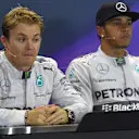 Nico Rosberg (GER) Mercedes AMG F1 and Lewis Hamilton (GBR) Mercedes AMG F1 in the Press Conference. Formula One World Championship, Rd16, Russian Grand Prix, Qualifying, Sochi Autodrom, Sochi, Krasnodar Krai, Russia, Saturday, 11 October 2014