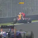 Fernando Alonso calmly exits his Ferrari and then helps to put out the fire at the rear of his F14 T. The session is briefly red flagged while his car is recovered © FOWC Ltd. No reproduction without permission.