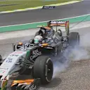 Force India's Daniel Juncadella locks up and slides into the tyre wall at Turn 8, bringing out the red flags © FOWC Ltd. No reproduction without permission.