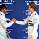 Lewis Hamilton (GBR) Mercedes AMG F1 and pole sitter Nico Rosberg (GER) Mercedes AMG F1 celebrate in parc ferme. Formula One World Championship, Rd18, Brazilian Grand Prix, Qualifying, Sao Paulo, Brazil, Saturday, 8 November 2014