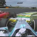 A near miss, as Mercedes' Lewis Hamilton tries to make way for the Ferrari of Kimi Raikkonen at Turn 8 © FOWC Ltd. No reproduction without permission.