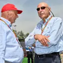 Niki Lauda (AUT) Mercedes AMG F1 Non-Executive Chairman and Peter Brabeck-Letmathe (AUT). Formula One World Championship, Rd5, Spanish Grand Prix, Qualifying, Barcelona, Spain, Saturday, 10 May 2014. © Sutton Images