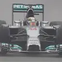 Lewis Hamilton goes fastest in his Mercedes on the blue-walled wet tyres after his first run in Q3. © FOWC Ltd