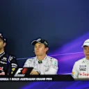 Press Conference and results: 1st Nico Rosberg (GER) Mercedes AMG F1, centre. 2nd Daniel Ricciardo (AUS) Red Bull Racing, left. 3rd Kevin Magnussen (DEN) McLaren, right. Formula One World Championship, Rd1, Australian Grand Prix, Race, Albert Park, Melbourne, Australia, Sunday, 16 March 2014. © Sutton Images