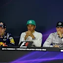 Press Conference (L to R): Sebastian Vettel (GER) Red Bull Racing, pole sitter Lewis Hamilton (GBR) Mercedes AMG F1 and Nico Rosberg (GER) Mercedes AMG F1. Formula One World Championship, Rd2, Malaysian Grand Prix, Qualifying, Sepang, Malaysia, Saturday, 29 March 2014. © Sutton Images