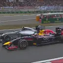 Thrilling wheel-to-wheel action as Mercedes' Nico Rosberg takes third place away from Red Bull's Sebastian Vettel. © FOWC Ltd