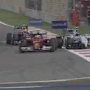 Williams' Valtteri Bottas passes Red Bull's Daniel Ricciardo but then has to take evasive action to avoid collecting the back of Kimi Raikkonen's Ferrari. © FOWC Ltd