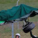 The crashed car of Kamui Kobayashi (JPN) Caterham CT05 is recovered. Formula One Testing, Day One, Barcelona, Spain, Tuesday, 13 May 2014. © Sutton Images