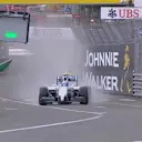 Williams' Valtteri Bottas is the first man to venture out to experience the wet and slippery conditions in FP2. © FOWC Ltd