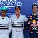 (L to R): Lewis Hamilton (GBR) Mercedes AMG F1, pole sitter Nico Rosberg (GER) Mercedes AMG F1 and Daniel Ricciardo (AUS) Red Bull Racing celebrate in parc ferme. Formula One World Championship, Rd6, Monaco Grand Prix, Qualifying, Monte-Carlo, Monaco, Saturday, 24 May 2014. © Sutton Images
