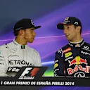 Post-qualifying Press Conference and results: 1st Lewis Hamilton (GBR) Mercedes AMG F1, left. 3rd Daniel Ricciardo (AUS) Red Bull Racing, right. Formula One World Championship, Rd5, Spanish Grand Prix, Qualifying, Barcelona, Spain, Saturday, 10 May 2014. © Sutton Images
