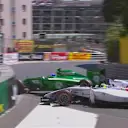 Caterham's Marcus Ericsson collides with the Williams of Felipe Massa at Mirabeau, bringing out yellow flags at the end of Q1. © FOWC Ltd