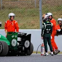 Kamui Kobayashi (JPN) Caterham CT05 crashed. Formula One Testing, Day One, Barcelona, Spain, Tuesday, 13 May 2014. © Sutton Images