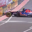 Toro Rosso's Daniil Kvyat locks up his rear tyres, loses the back of his car and collides with the wall exiting the tunnel into Turn 10. © FOWC Ltd