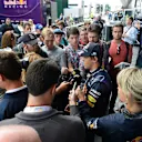 Sebastian Vettel (GER) Red Bull Racing RB10 talks with the media. Formula One Testing, Silverstone, England, Day Two, Wednesday, 9 July 2014