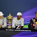 (L to R): Valtteri Bottas (FIN) Williams, race winner Lewis Hamilton (GBR) Mercedes AMG F1 and Daniel Ricciardo (AUS) Red Bull Racing in the Press Conference with the trophy. Formula One World Championship, Rd9, British Grand Prix, Race Day, Silverstone, England, Sunday, 6 July 2014