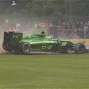 As the track starts to dry many teams switch to slick tyres. The change doesn't work for Caterham's Marcus Ericsson who spins at Becketts. © FOWC Ltd