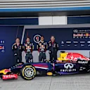 (L to R): Christian Horner (GBR) Red Bull Racing Team Principal, Sebastian Vettel (GER) Red Bull Racing and Daniel Ricciardo (AUS) Red Bull Racing and Adrian Newey (GBR) Red Bull Racing Chief Technical Officer with the new Red Bull Racing RB10. Formula One Testing, Jerez, Spain, Day One, Tuesday, 28 January 2014