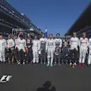 The drivers unite to pay tribute to the injured Jules Bianchi ahead of the 2014 Formula 1 Russian Grand Prix. © FOWC Ltd