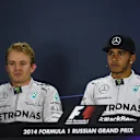 Press Conference and results: 1st Lewis Hamilton (GBR) Mercedes AMG F1, right. 2nd Nico Rosberg (GER) Mercedes AMG F1, left. Formula One World Championship, Rd16, Russian Grand Prix, Race, Sochi Autodrom, Sochi, Krasnodar Krai, Russia, Sunday, 12 October 2014