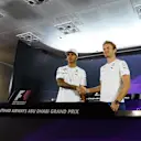 Lewis Hamilton (GBR) Mercedes AMG F1 and Nico Rosberg (GER) Mercedes AMG F1 in the Press Conference. Formula One World Championship, Rd19, Abu Dhabi Grand Prix, Preparations, Yas Marina Circuit, Abu Dhabi, UAE, Thursday, 20 November 2014