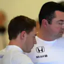 Stoffel Vandoorne (BEL) McLaren and Eric Boullier (FRA) McLaren Racing Director. Formula One Testing, Yas Marina Circuit, Abu Dhabi, UAE, Tuesday, 25 November 2014
