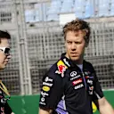 Sebastian Vettel (GER) Red Bull Racing walks the track with Tim Malyon (GBR) Red Bull Racing Performance Engineer. Formula One World Championship, Rd1, Australian Grand Prix, Preparations, Albert Park, Melbourne, Australia, Wednesday, 12 March 2014