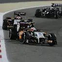 Sergio Perez (MEX) Force India VJM07 leads Nico Hulkenberg (GER) Force India VJM07. Formula One World Championship, Rd3, Bahrain Grand Prix, Race, Bahrain International Circuit, Sakhir, Bahrain, Sunday, 6 April 2014