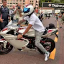 Lewis Hamilton (GBR) Mercedes AMG F1 riding an Agusta F4 RR motorcycle. Formula One World Championship, Rd6, Monaco Grand Prix, Preparations, Monte-Carlo, Monaco, Wednesday, 21 May 2014