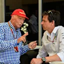 Niki Lauda (AUT) Mercedes AMG F1 Non-Executive Chairman and Toto Wolff (AUT) Mercedes AMG F1 Director of Motorsport. Formula One World Championship, Rd3, Bahrain Grand Prix, Qualifying, Bahrain International Circuit, Sakhir, Bahrain, Saturday, 5 April 2014