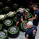 Red Bull Racing mechanics with Pirelli tyres. Formula One World Championship, Rd5, Spanish Grand Prix, Preparations, Barcelona, Spain, Thursday, 8 May 2014