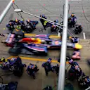Sebastian Vettel (GER) Red Bull Racing RB10 makes a pit stop. Formula One World Championship, Rd5, Spanish Grand Prix, Race, Barcelona, Spain, Sunday, 11 May 2014
