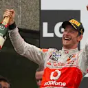 Race winner Jenson Button celebrates his victory on the podium