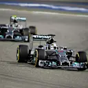 Lewis Hamilton (GBR) Mercedes AMG F1 W05 leads Nico Rosberg (GER) Mercedes AMG F1 W05. Formula One World Championship, Rd3, Bahrain Grand Prix, Race, Bahrain International Circuit, Sakhir, Bahrain, Sunday, 6 April 2014