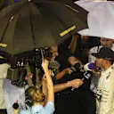 Pole sitter Lewis Hamilton (GBR) Mercedes AMG F1 talks with the media. Formula One World Championship, Rd14, Singapore Grand Prix, Marina Bay Street Circuit, Singapore, Qualifying, Saturday, 20 September 2014
