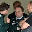(L to R): Christian Albers (NED) Caterham Team Principal, Manfredi Ravetto (GER) Caterham Assistant Team Prinicpal and Colin Kolles (GER) Caterham Team Advisor. Formula One Testing, Silverstone, England, Day Two, Wednesday, 9 July 2014