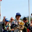 Winner Nelson Piquet, with 2nd place Alain Prost, left, and 3rd place Nigel Mansell
European GP - Brands Hatch, UK, 25 September 1983