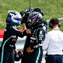 BOTTAS Valtteri (fin), Mercedes AMG F1 GP W11 Hybrid EQ Power+ celebrates his pole position with HAMILTON Lewis (gbr), Mercedes AMG F1 GP W11 Hybrid EQ Power+, portrait during the Emirates Formula 1 70th Anniversary Grand Prix 2020, from August 07 to 09, 2020 on the Silverstone Circuit, in Silverstone, United Kingdom - Photo Xavi Bonilla / DPPI