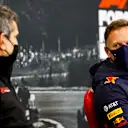 Guenther Steiner, Team Principal, Haas F1 and Christian Horner, Team Principal, Red Bull Racing in the press conference 