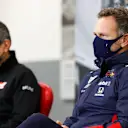 Christian Horner, Team Principal, Red Bull Racing and Guenther Steiner, Team Principal, Haas F1 in the press conference 