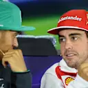 Lewis Hamilton (GBR) Mercedes AMG F1 and Fernando Alonso (ESP) Ferrari in the Press Conference.
Formula One World Championship, Rd4, Chinese Grand Prix, Preparations, Shanghai, China, Thursday 17 April 2014. © Sutton Motorsport Images