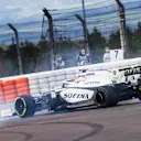 George Russell, Williams FW43 retiring from the race after crashing with Kimi Raikkonen, Alfa Romeo Racing C39 