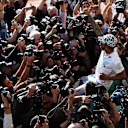 AUSTIN, TEXAS - NOVEMBER 03: 2019 Formula One World Drivers Champion Lewis Hamilton of Great Britain and Mercedes GP celebrates after the F1 Grand Prix of USA at Circuit of The Americas on November 03, 2019 in Austin, Texas. (Photo by Mark Thompson/Getty Images)