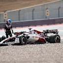 AUSTIN, TEXAS - OCTOBER 23: Valterri Bottas of Alfa Romeo and Finland crashes out during the F1 Grand Prix of USA at Circuit of The Americas on October 23, 2022 in Austin, Texas. (Photo by Peter J Fox/Getty Images)