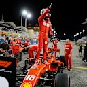 BAHRAIN INTERNATIONAL CIRCUIT, BAHRAIN - MARCH 30: Charles Leclerc, Ferrari celebrates pole position in Parc Ferme during the Bahrain GP at Bahrain International Circuit on March 30, 2019 in Bahrain International Circuit, Bahrain. (Photo by Steven Tee / LAT Images)