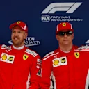 SHANGHAI INTERNATIONAL CIRCUIT, CHINA - APRIL 14: Pole position man Sebastian Vettel, Ferrari, celebrates between Valtteri Bottas, Mercedes AMG F1, and Kimi Raikkonen, Ferrari during the Chinese GP at Shanghai International Circuit on April 14, 2018 in Shanghai International Circuit, China. (Photo by Glenn Dunbar / LAT Images) © Motorsport Images Tel: +44(0)20 8267 3000 email: info@motorsportimages.com