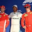 (L to R): Sebastian Vettel (GER) Ferrari, pole sitter Lewis Hamilton (GBR) Mercedes-AMG F1 and Kimi Raikkonen (FIN) Ferrari in parc ferme at Formula One World Championship, Rd1, Australian Grand Prix, Qualifying, Melbourne, Australia, Saturday 24 March 2018. © Sutton Images,Sutton Images