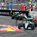 Nico Rosberg (GER) Mercedes AMG F1 W06 leads Sebastian Vettel (GER) Ferrari SF15-T and Lewis Hamilton (GBR) Mercedes AMG F1 W06 at Formula One World Championship, Rd6, Monaco Grand Prix Race, Monte-Carlo, Monaco, Sunday 24 May 2015. © Sutton Motorsport Images
