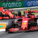 Monaco's Formula One driver Charles Leclerc of Scuderia Ferrari (R) and German Formula One driver Sebastian Vettel of Scuderia Ferrari (L) in action during the first practice session of the Formula One Grand Prix of Italy at the Monza race track, Monza, Italy 04 September 2020. The 2020 Formula One Grand Prix of Italy will take place on 06 September 2020.